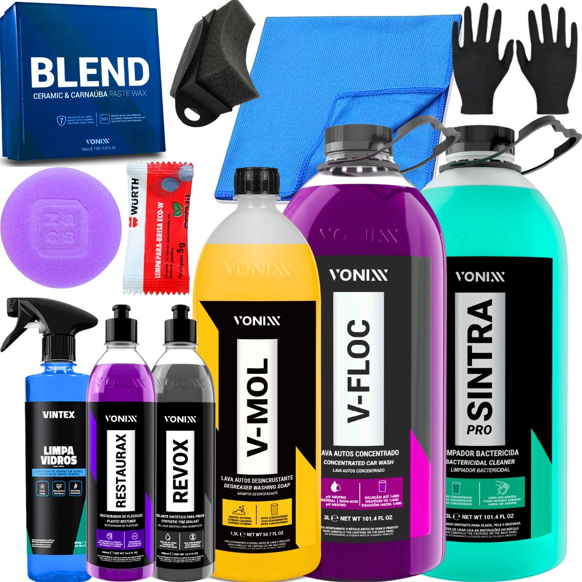 Kit Lavagem e Cristalização Completa V-Mol V-Floc Sintra Pro Revox Restaurax Limpa Vidros Blend Paste